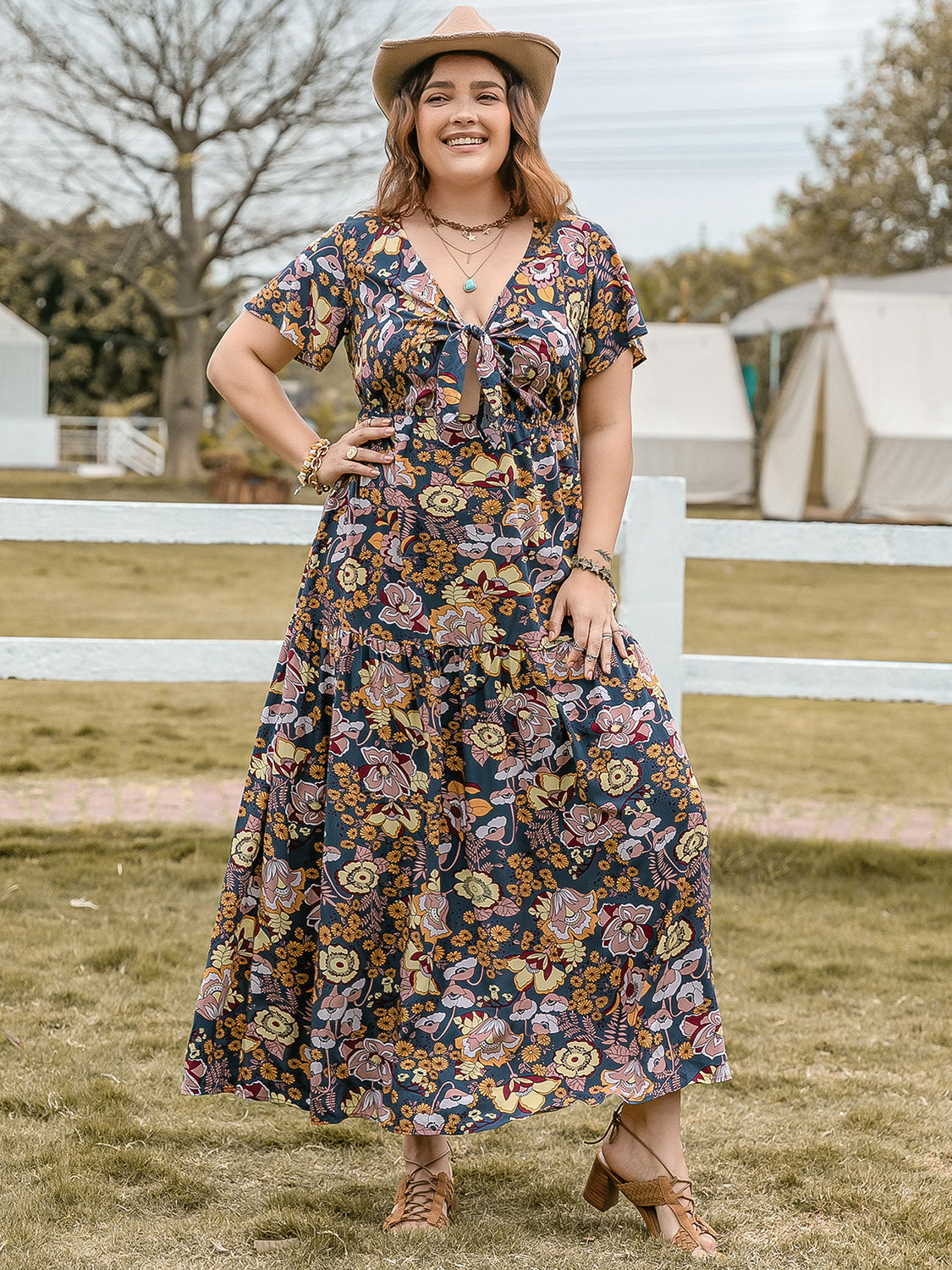 Plus Size Tied Printed Short Sleeve Midi Dress - Sydney So Sweet