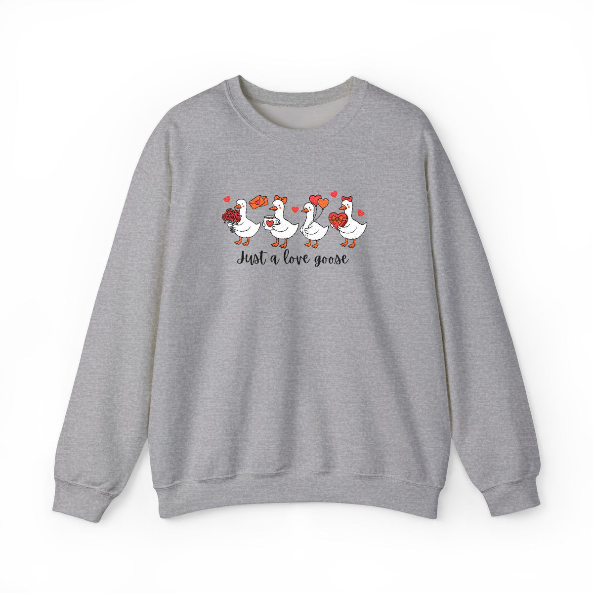 Just a Love Goose Valentine's Day Women's Heavy Blend Cozy Crewneck Embroidered Sweatshirt - Sydney So Sweet