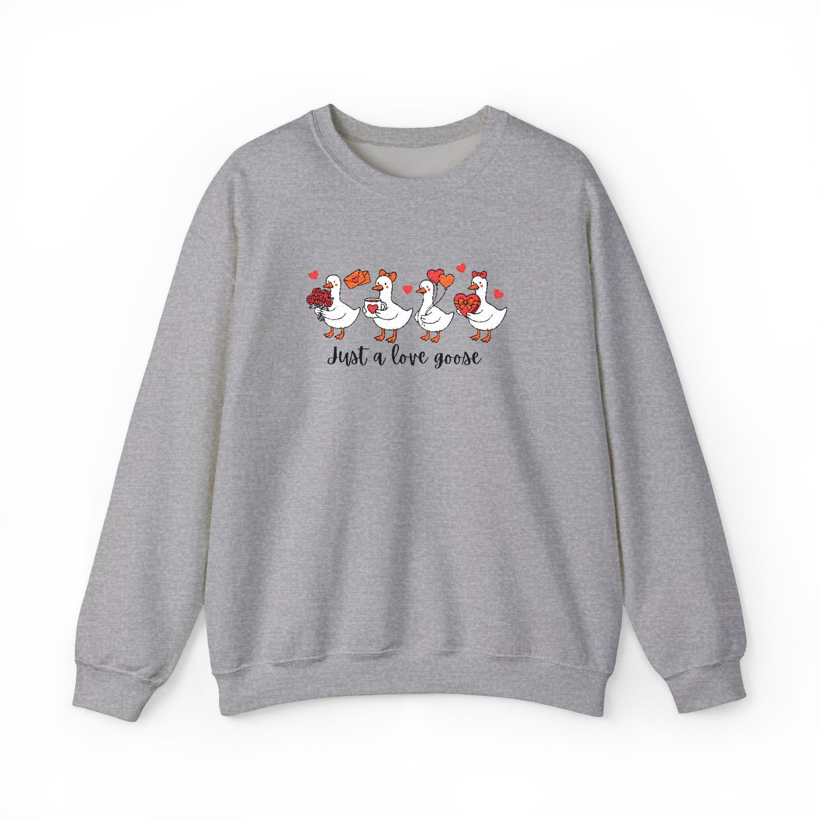 Just a Love Goose Valentine's Day Women's Heavy Blend Cozy Crewneck Embroidered Sweatshirt - Sydney So Sweet