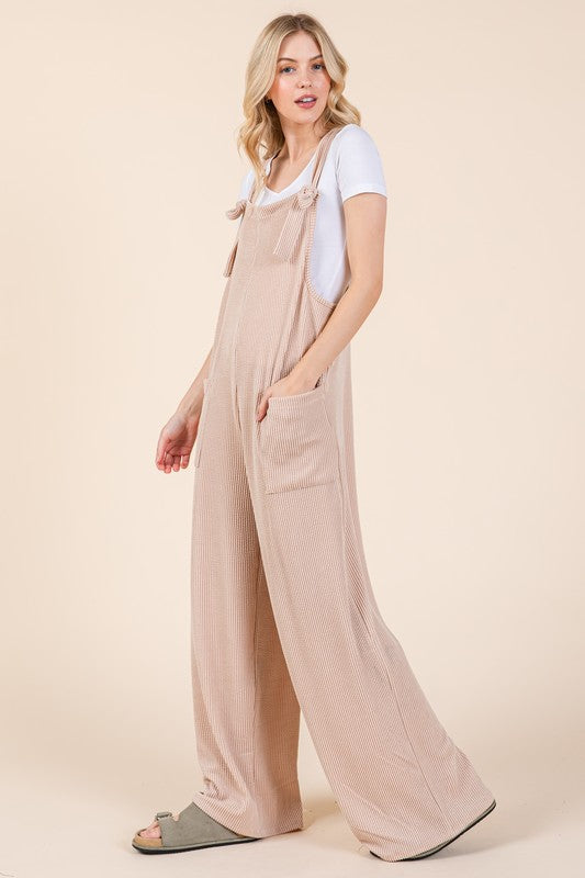 BOMBOM Knot Straps Wide Leg Ribbed Overalls with Pockets - Sydney So Sweet