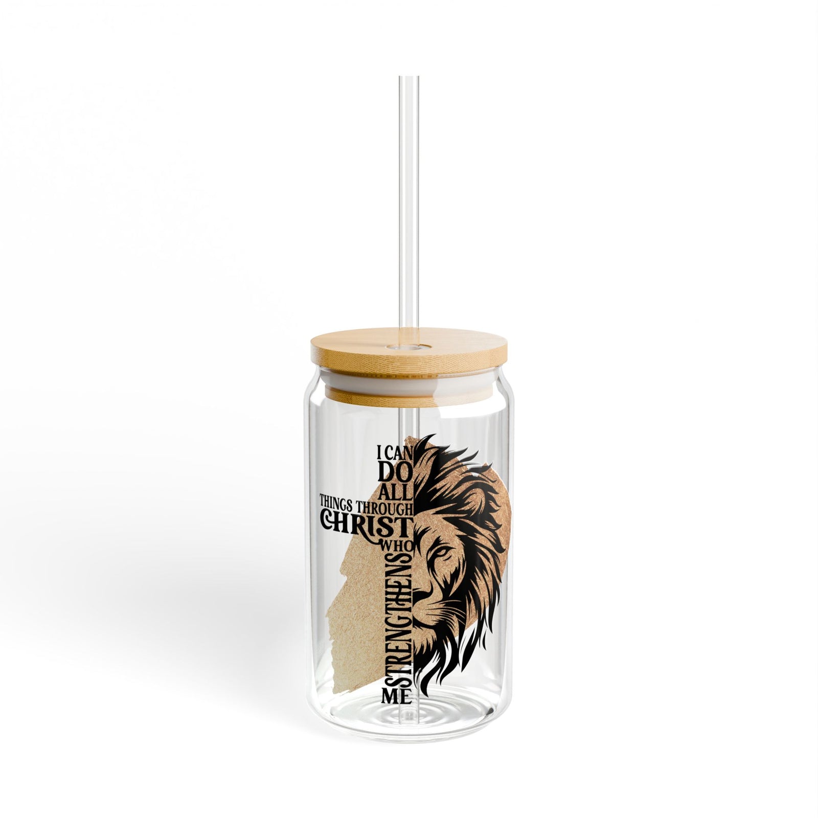 All Things Through Christ Christian Tumbler Sipper Glass 16oz — Reusable Drink Jar with Lid & Straw