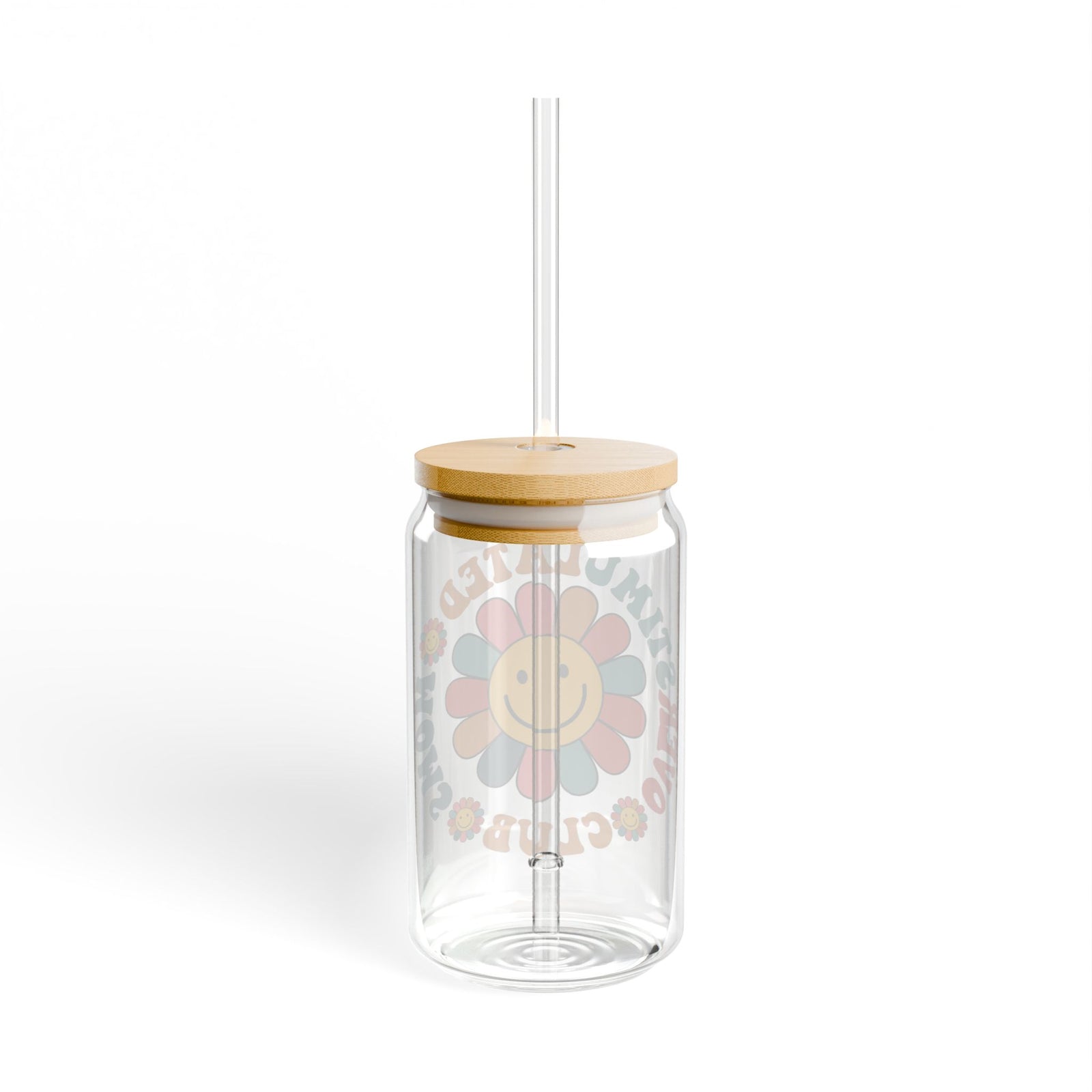 Smiley Flower Overstimulated Moms Club Sipper Glass 16oz Reusable Drink Jar with Lid & Straw