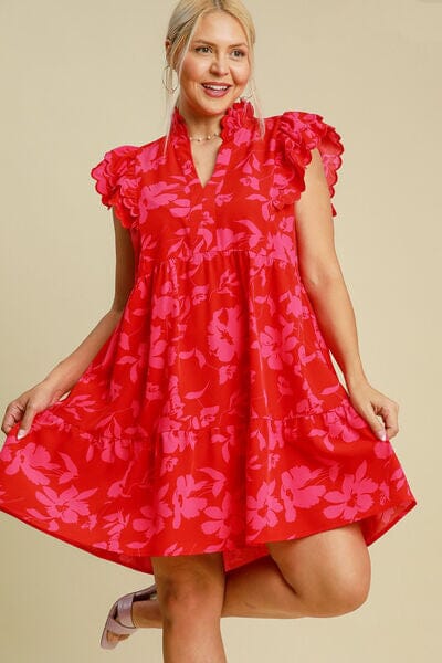 Umgee Full Size Two Tone Floral Print Ruffle Cap Sleeve Mini Dress Plus Size - Sydney So Sweet