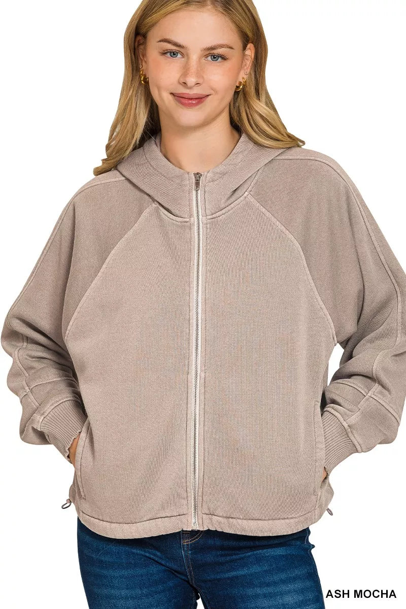 Zenana Fleece Pigment Dye Zip Up Hoodie with Pockets - Sydney So Sweet