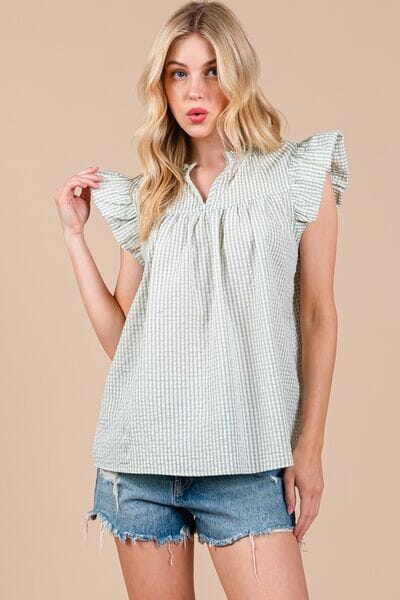 Ces Femme Plaid Notched Ruffled Cap Sleeve Blouse - Sydney So Sweet