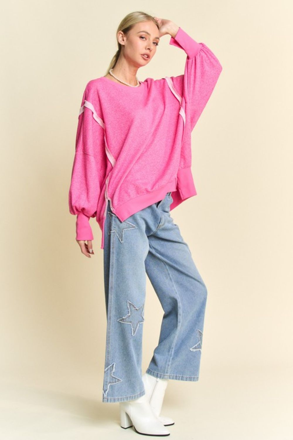 Davi & Dani Side Slit High-Low Lantern Sleeve Knit Top - Sydney So Sweet