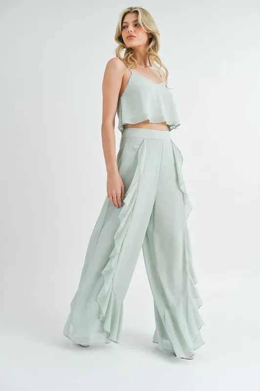MABLE Crop Cami and Ruffled Wide Leg Pants Set - Sydney So Sweet