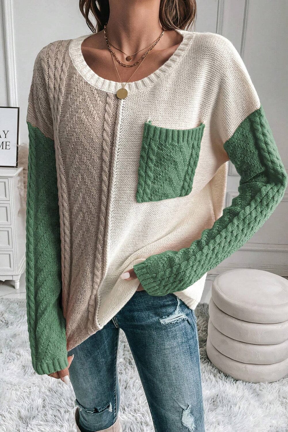 Color Block Round Neck Long Sleeve Sweater - Sydney So Sweet