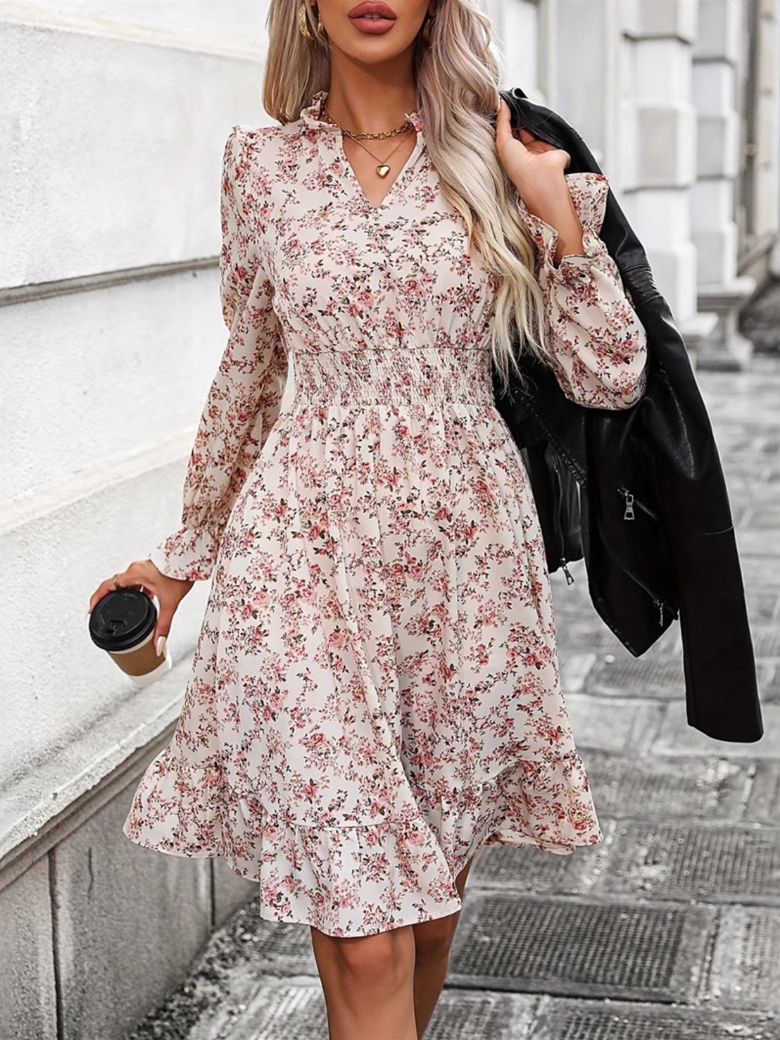 Ruffle Hem Floral Surplice Long Sleeve Dress - Sydney So Sweet