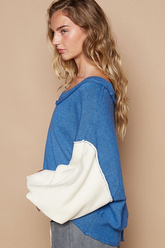 POL Exposed Seam Contrast V-Neck Lantern Sleeve Sweater - Sydney So Sweet