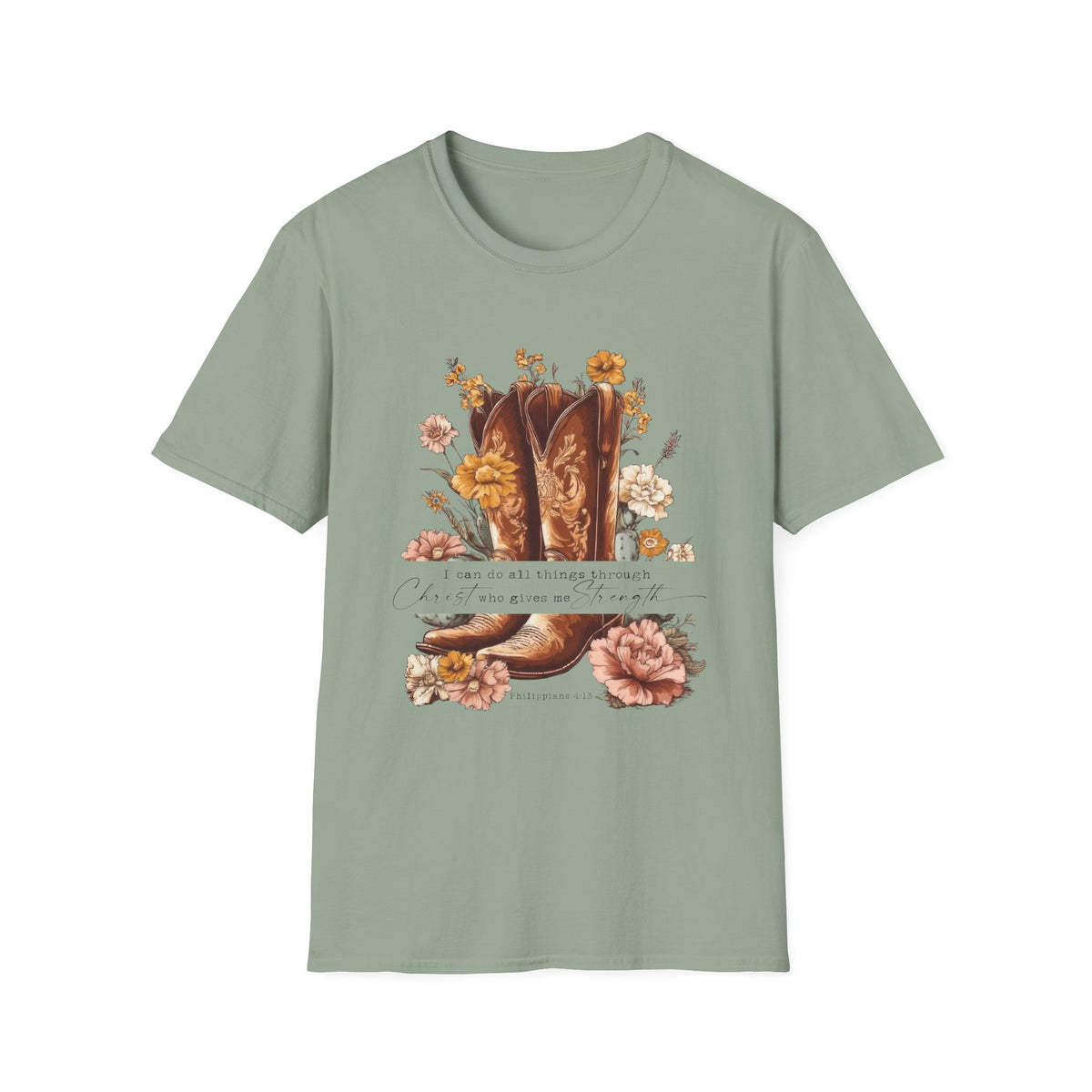 I Can Do All Things Through Christ Cowboy Boots Floral T-Shirt Western Boho Graphic Tee