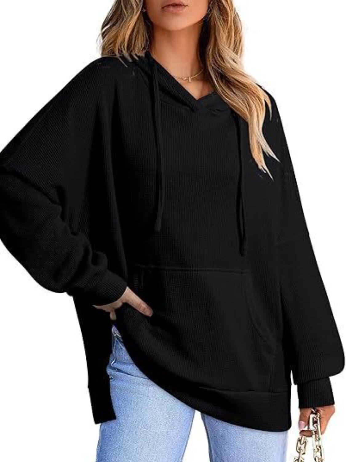 Drawstring Slit Long Sleeve Hoodie - Sydney So Sweet