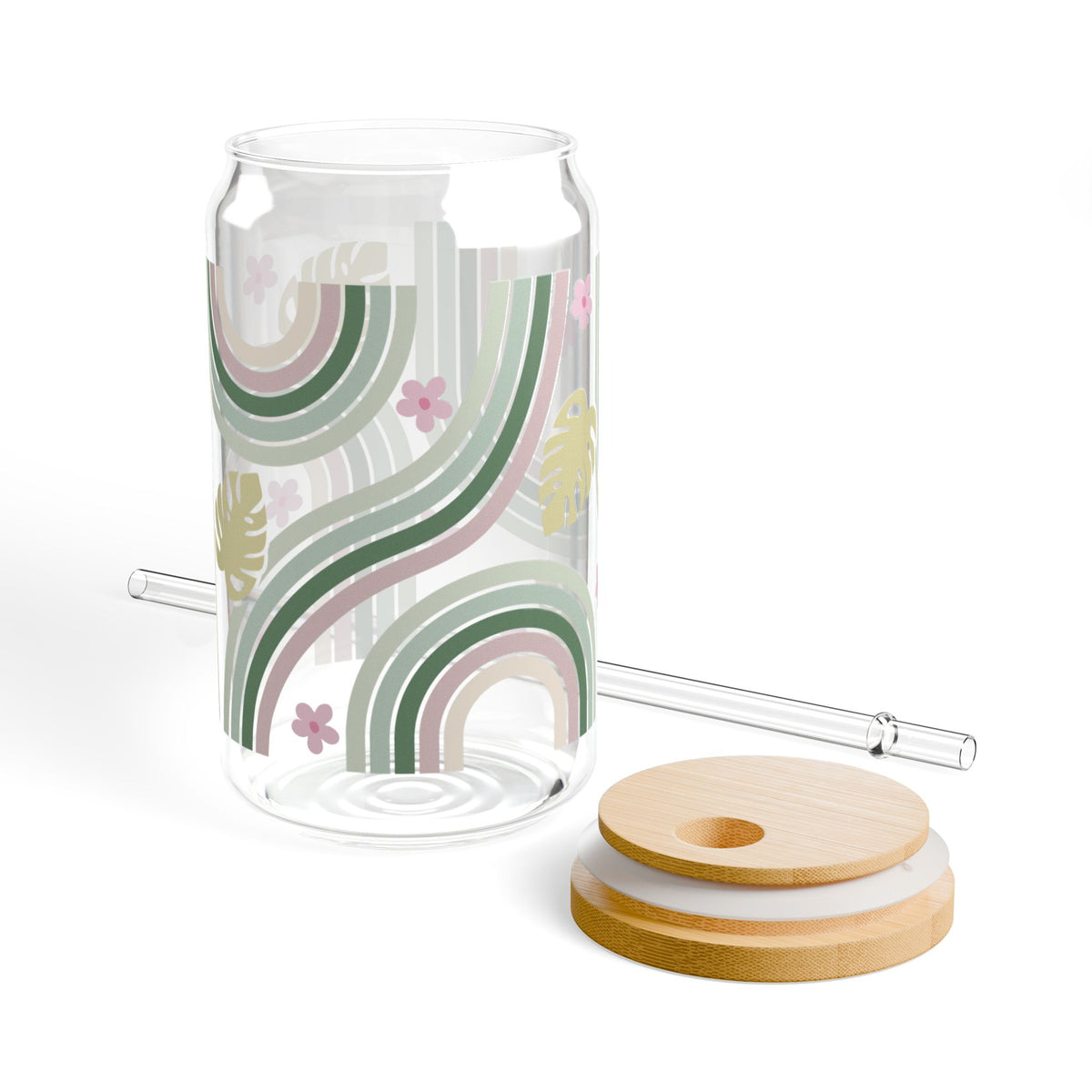 Retro In Bloom Tumbler Sipper Glass 16oz — Reusable Drink Jar with Lid & Straw