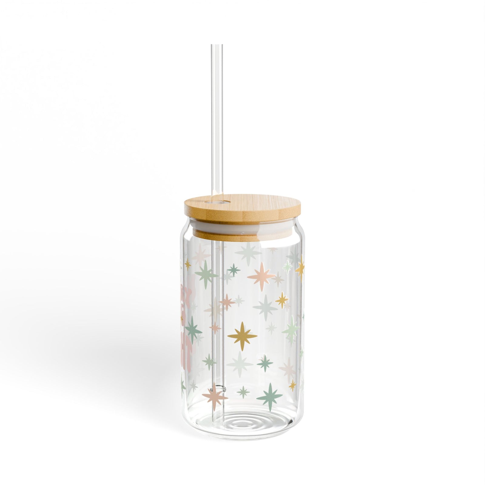 Merry & Bright Christmas Sipper Glass 16oz Reusable Drink Jar with Lid & Straw