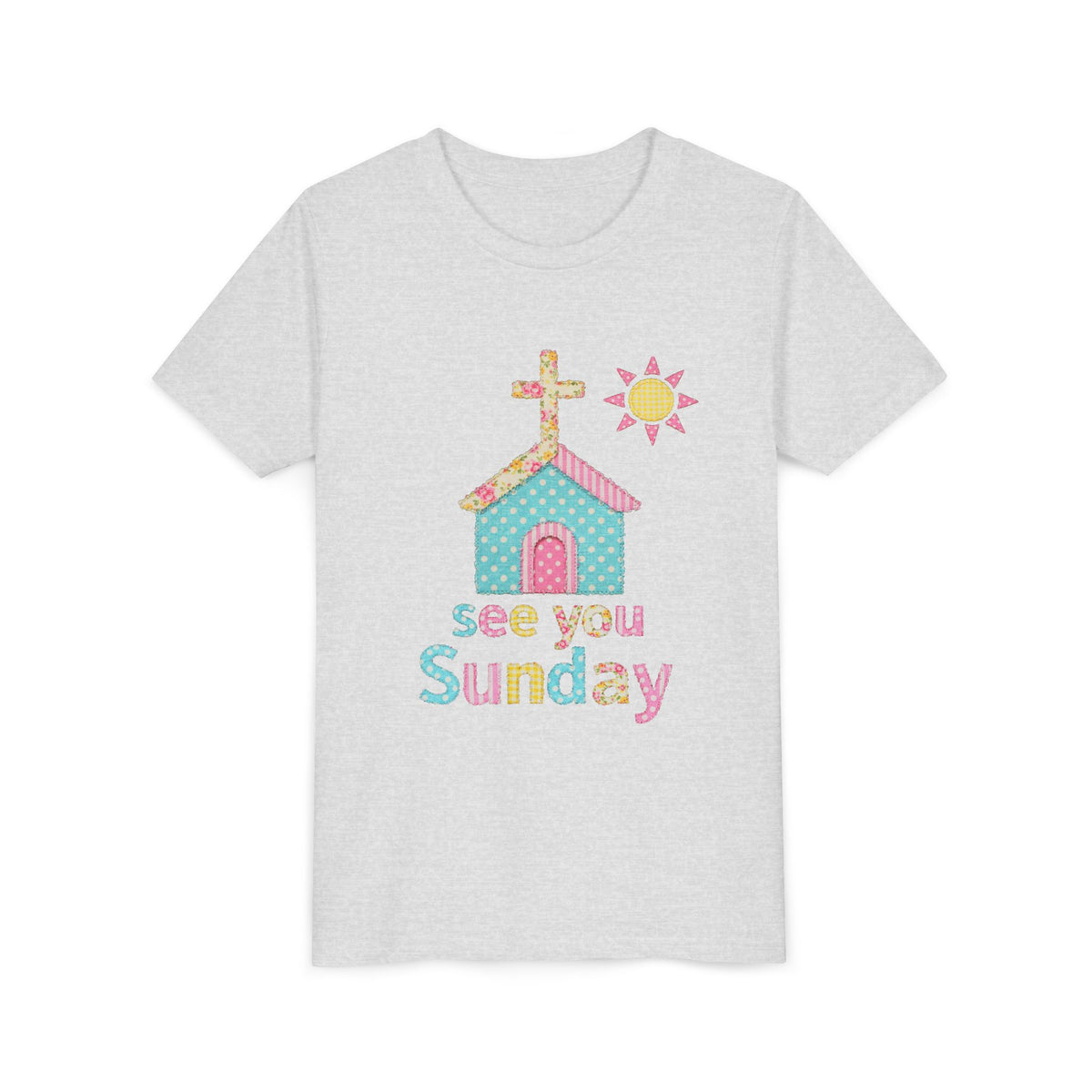 See You Sunday Kids T-Shirt Cute Patchwork Church Christian Graphic Tee