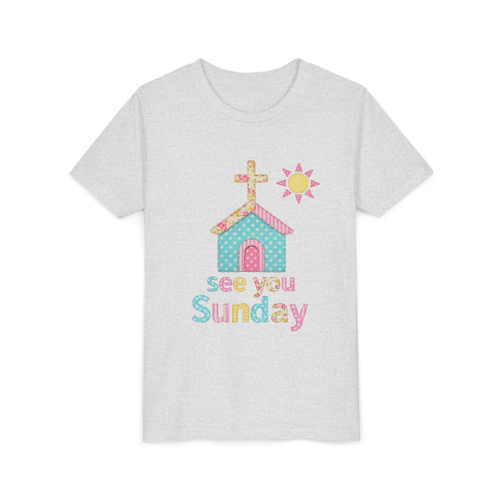 See You Sunday Kids T-Shirt Cute Patchwork Church Christian Graphic Tee