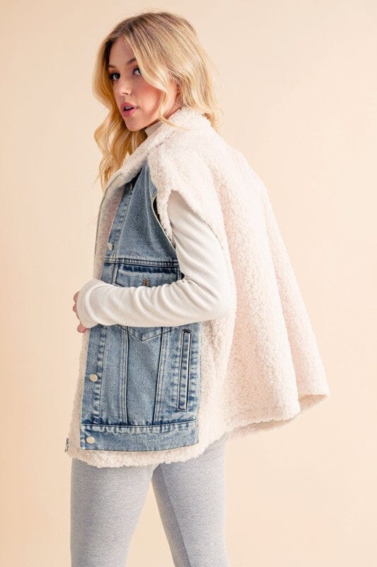 Aemi + Co Fake Two Pieces Denim Patch Sherpa Vest Coat - Sydney So Sweet