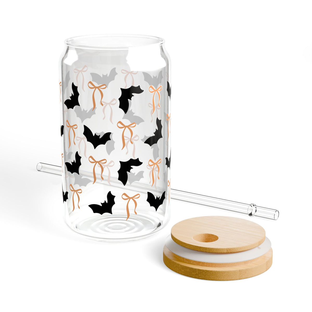 Cute Black Bats and Bows Halloween Sipper Glass 16oz Reusable Drink Jar with Lid & Straw