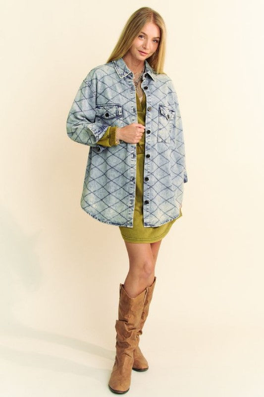 Davi & Dani Curved Hem Diamond Quilted Button Up Denim Shacket - Sydney So Sweet