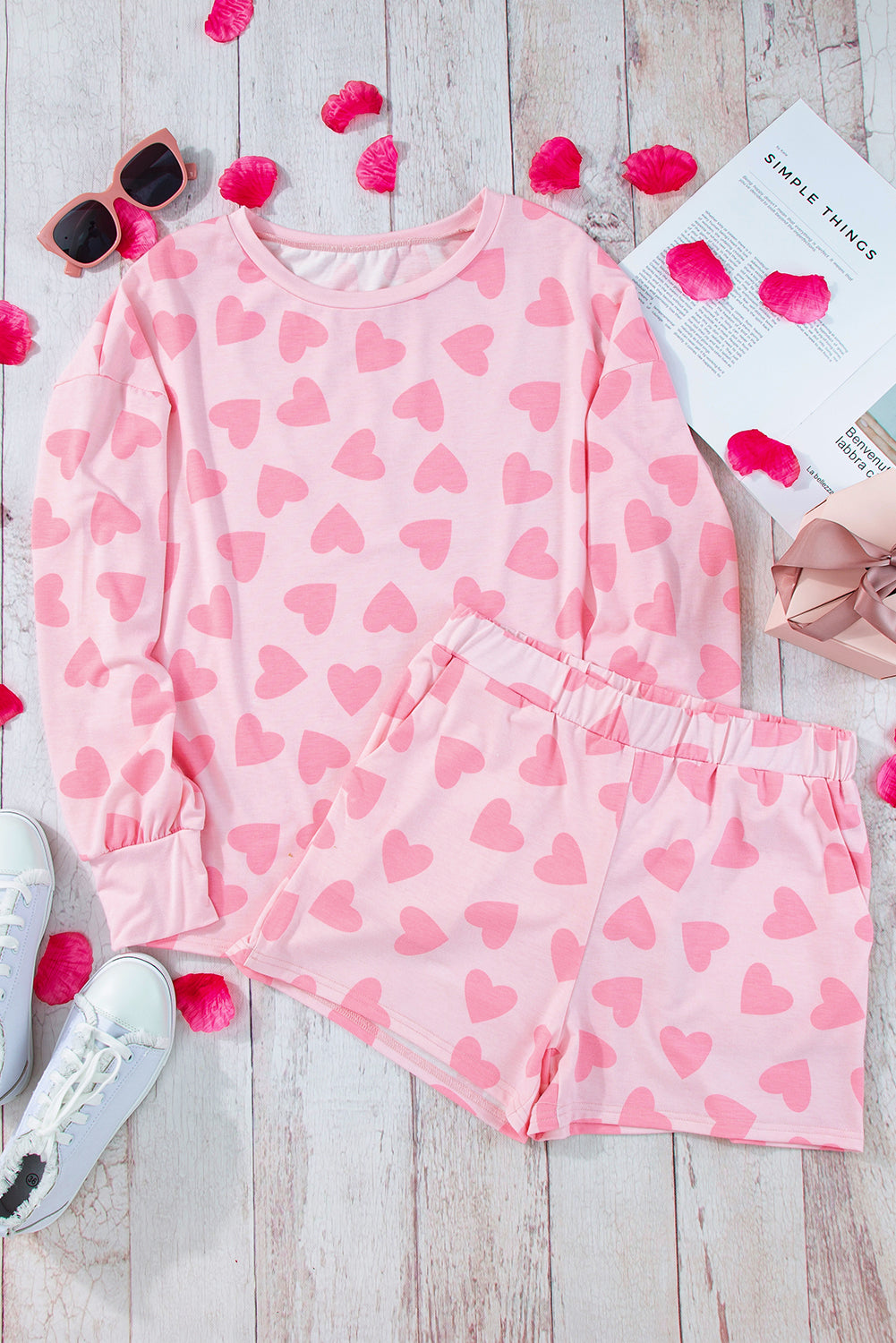 Heart Print Long Sleeve Top and Shorts Lounge Set - Sydney So Sweet