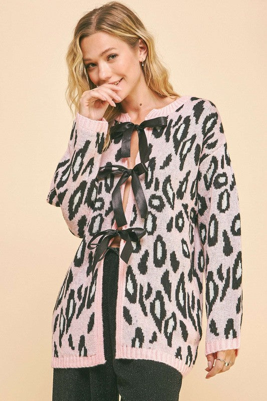 Davi & Dani Leopard Ribbon Tie Front Loose Fit Cardigan - Sydney So Sweet