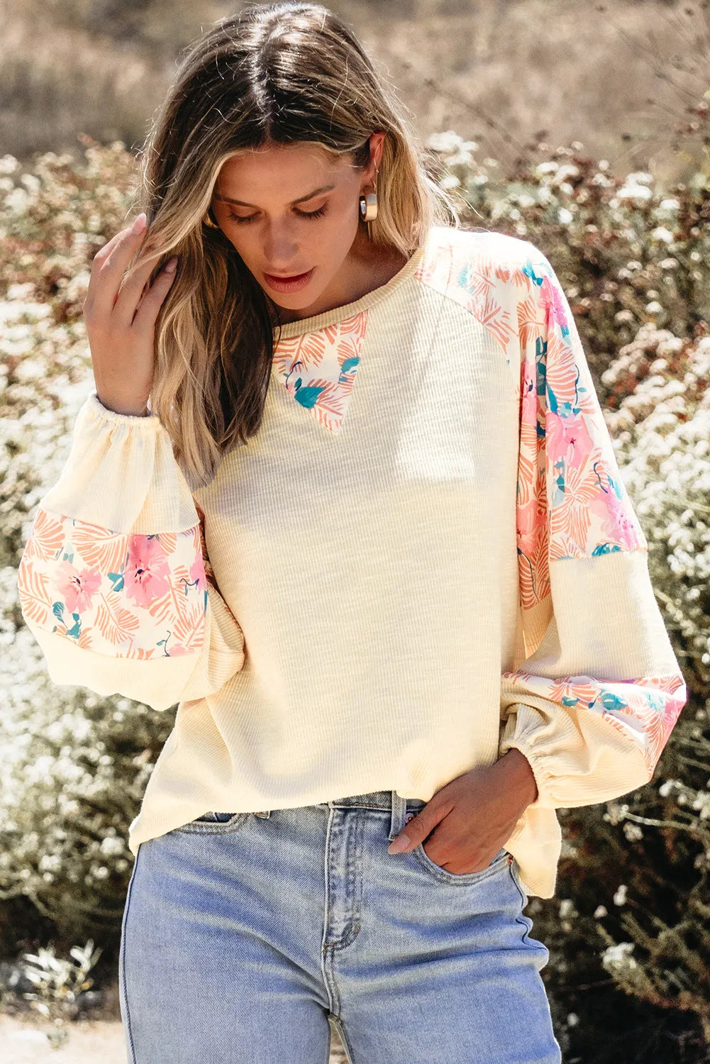 Printed Round Neck Balloon Sleeve Blouse - Sydney So Sweet