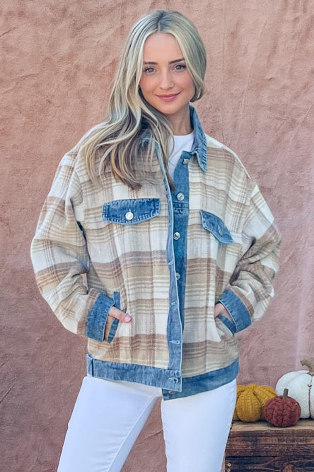 And The Why Full Size Washed Denim Detail Brushed Plaid Jacket - Sydney So Sweet