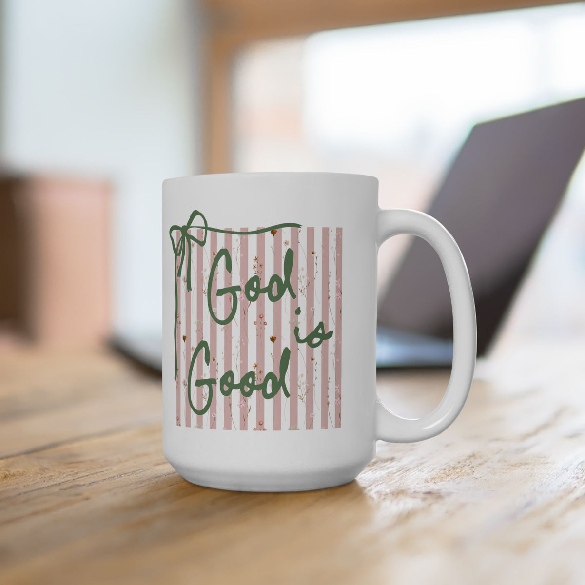 God is Good Pink Stripe Inspirational Ceramic Mug Coffee Cup (11oz & 15oz)