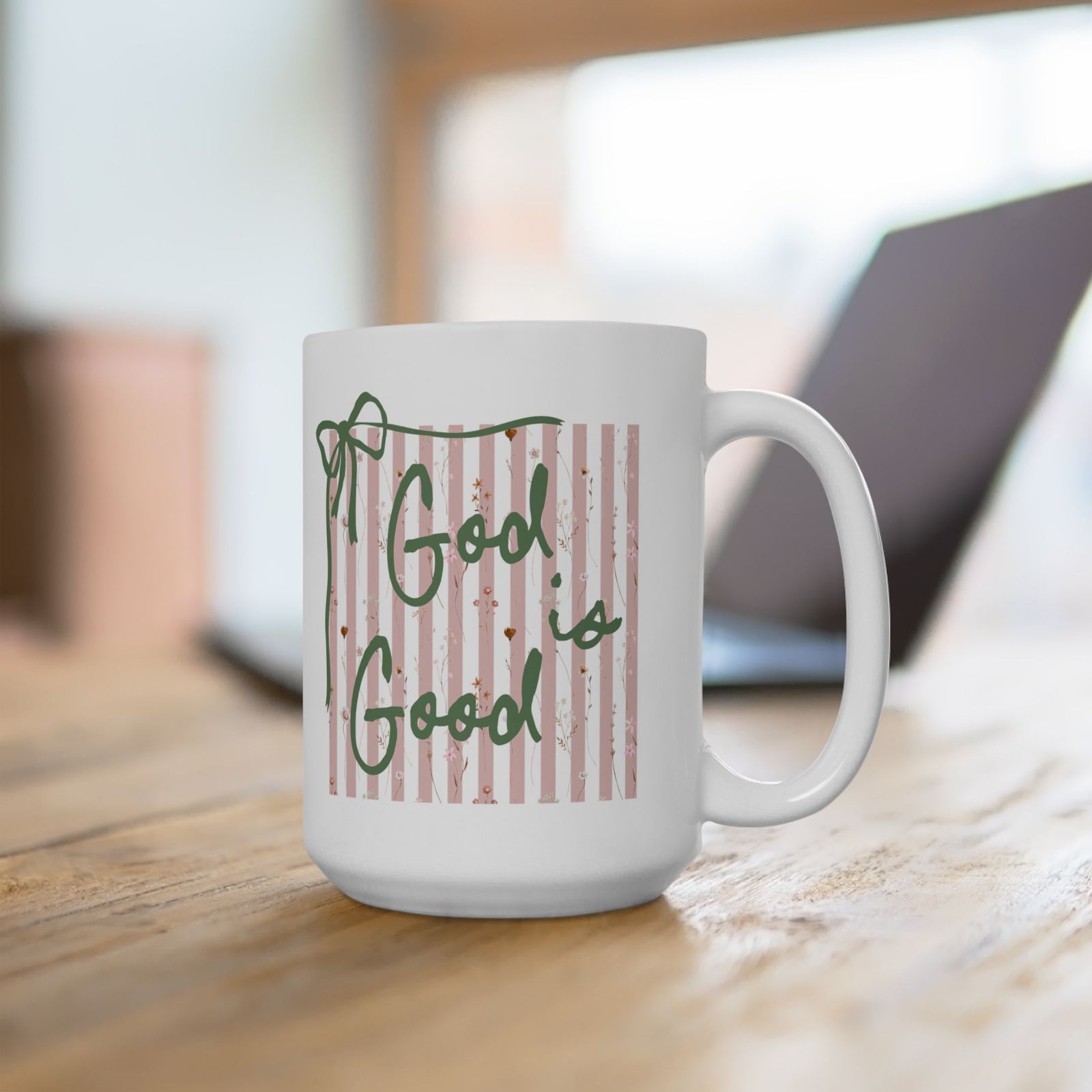 God is Good Pink Stripe Inspirational Ceramic Mug Coffee Cup (11oz & 15oz)