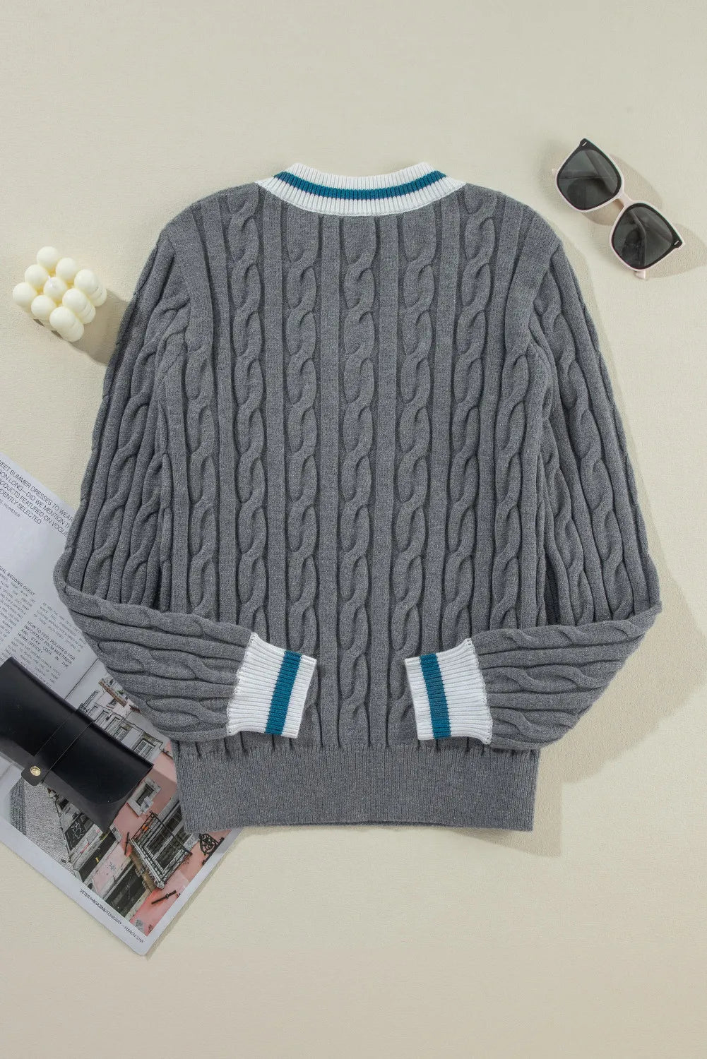 Cable-Knit V-Neck Long Sleeve Sweater - Sydney So Sweet