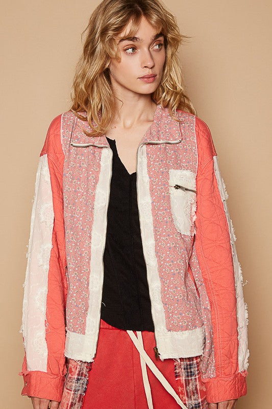 POL Floral Patchwork Zip Up Long Sleeve Jacket - Sydney So Sweet