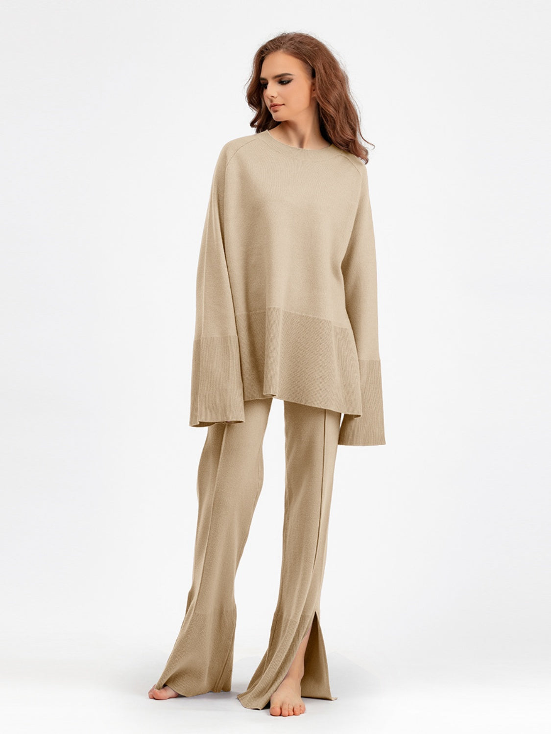 Basic Bae Slit Round Neck Long Sleeve Top and Drawstring Pants Sweater Set - Sydney So Sweet