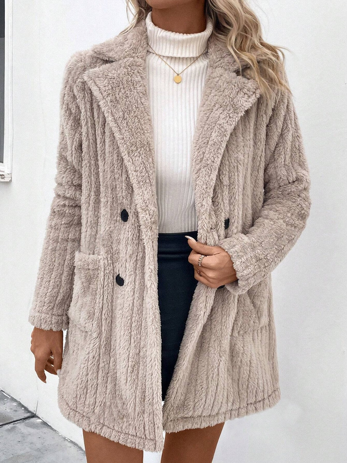 Fuzzy Button Up Long Sleeve Coat with Pockets - Sydney So Sweet