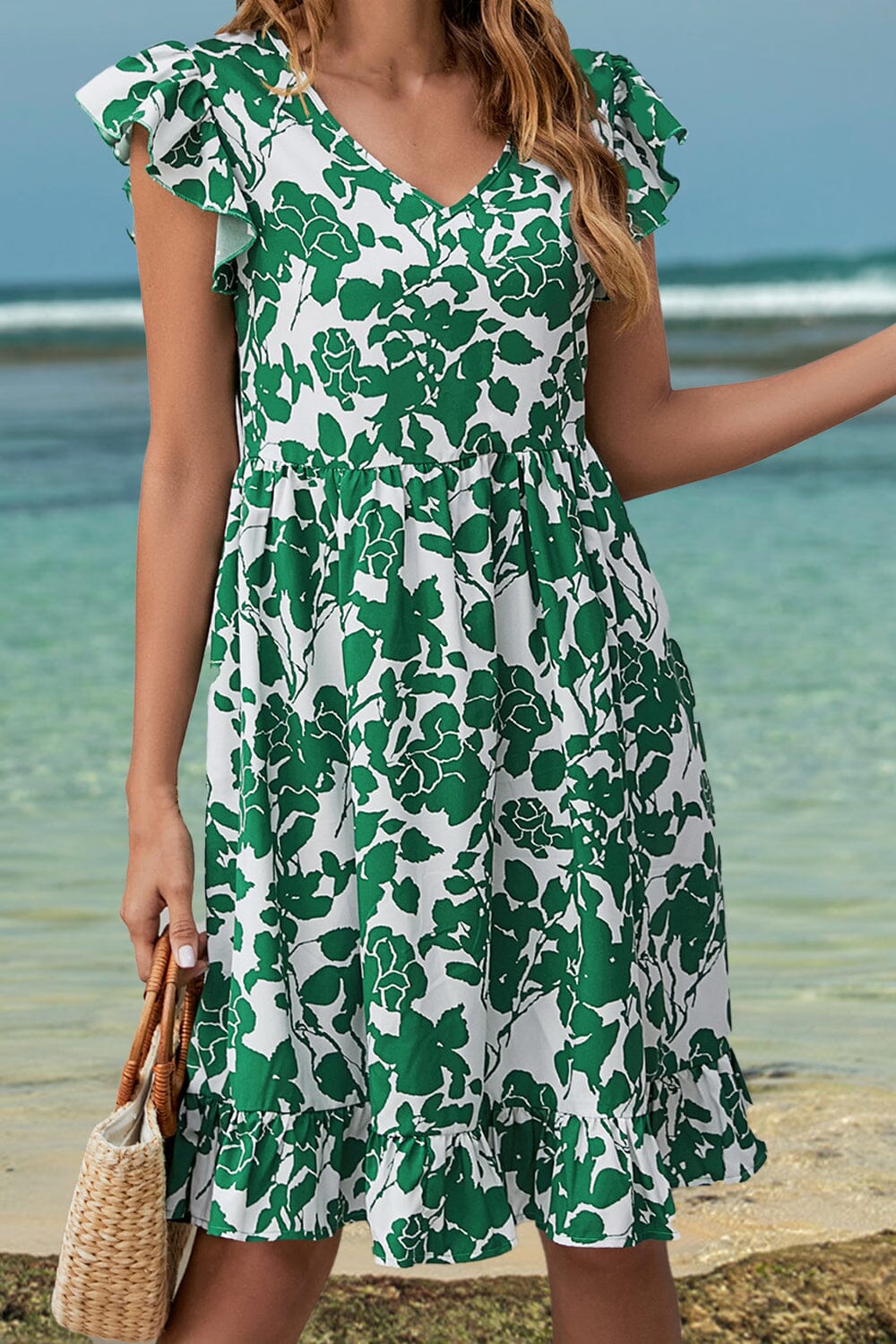 Ruffled Printed V-Neck Cap Sleeve Dress - Sydney So Sweet