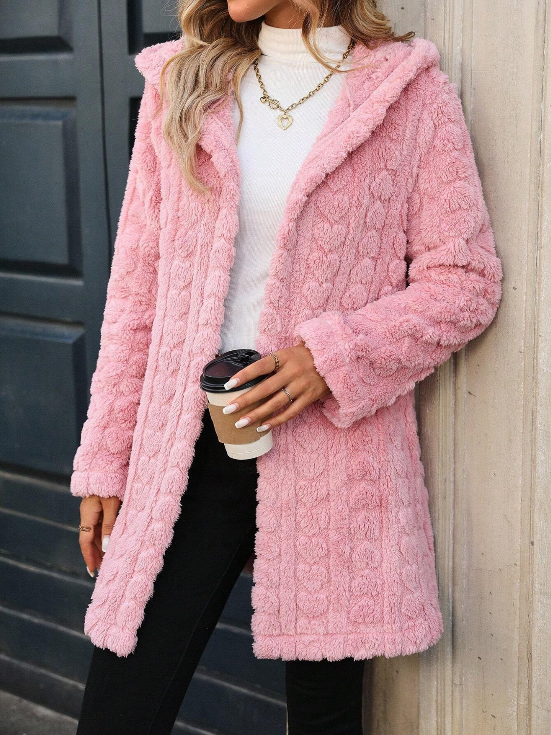 Heart Open Front Hooded Fuzzy Coat - Sydney So Sweet