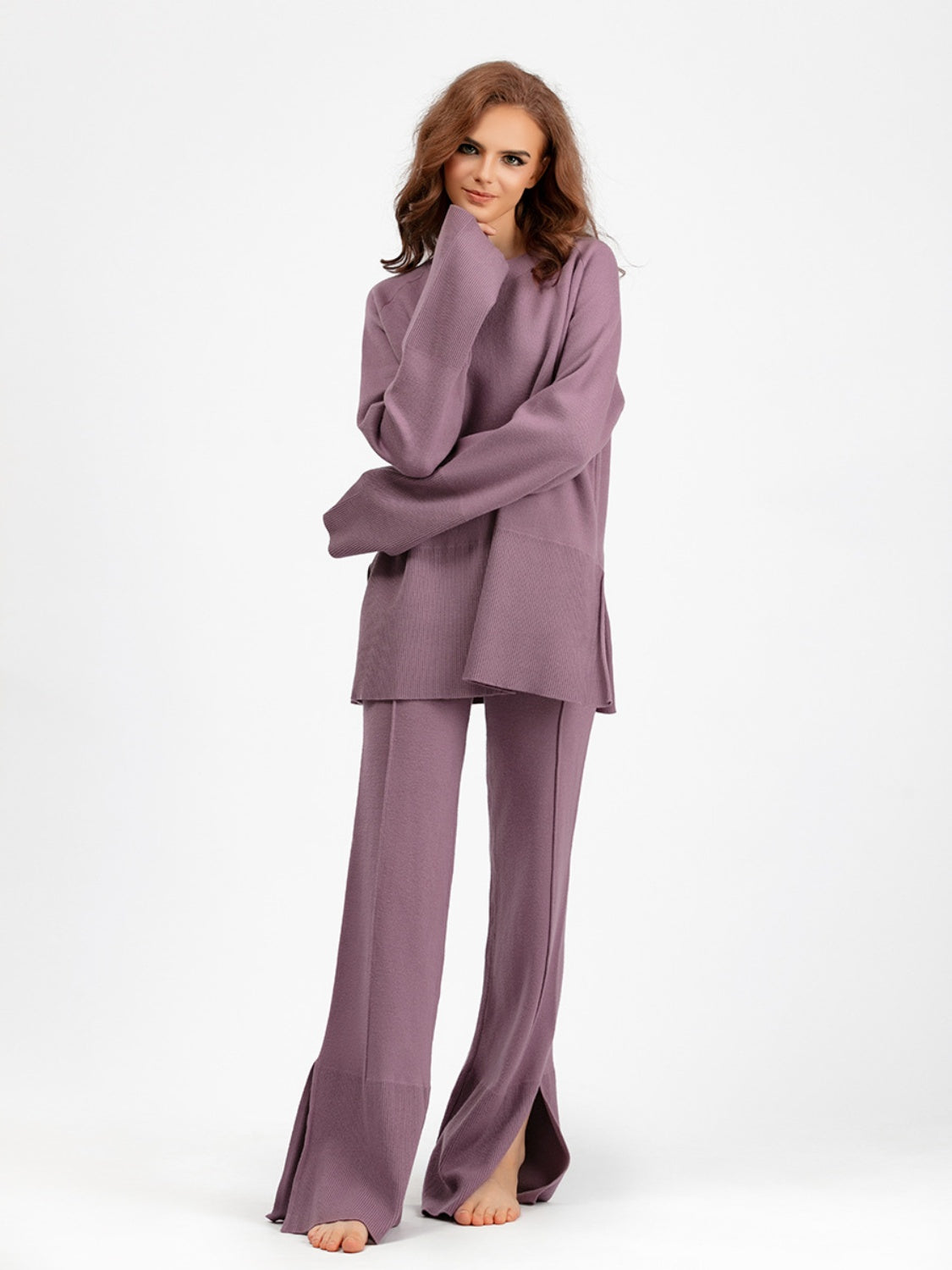 Basic Bae Slit Round Neck Long Sleeve Top and Drawstring Pants Sweater Set - Sydney So Sweet