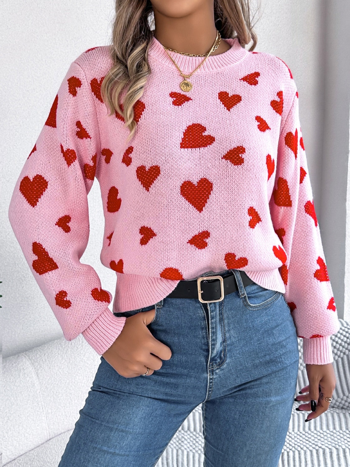 Heart Round Neck Long Sleeve Sweater - Sydney So Sweet