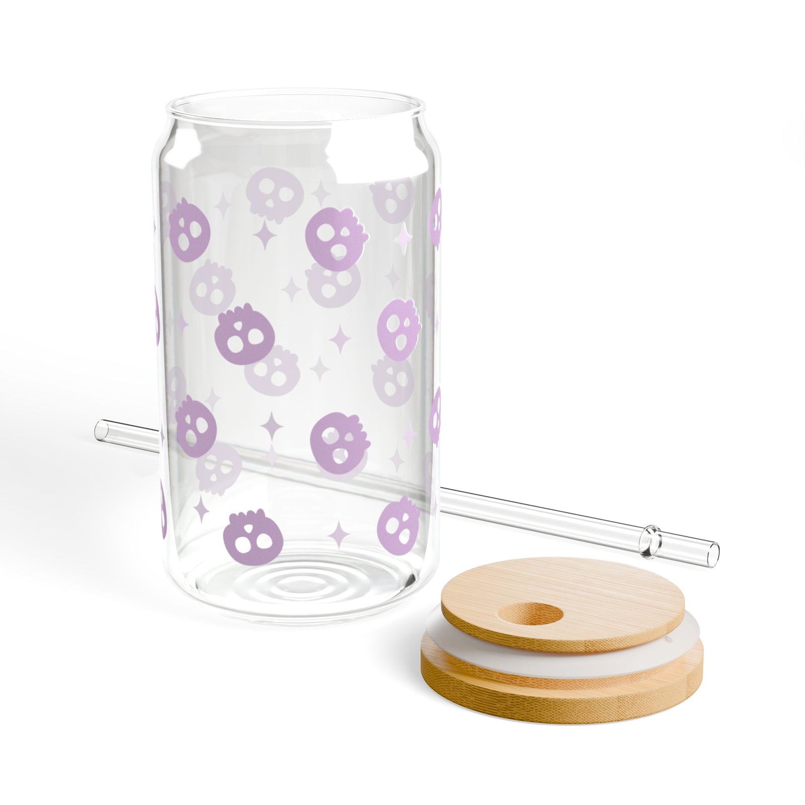 Mini Skulls Lavender Halloween Sipper Glass 16oz Reusable Drink Jar with Lid & Straw