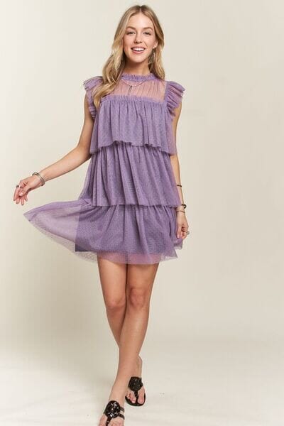 ADORA Layered Ruffled Cap Sleeve Mesh Dress - Sydney So Sweet