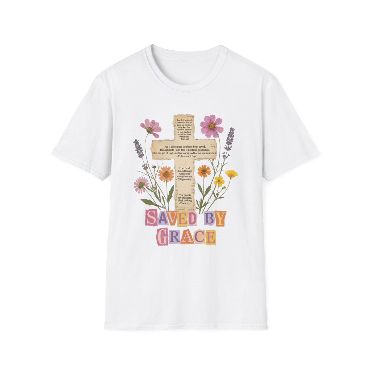 Saved by Grace Collage Floral Cross Tee Bible Verse Christian T-Shirt