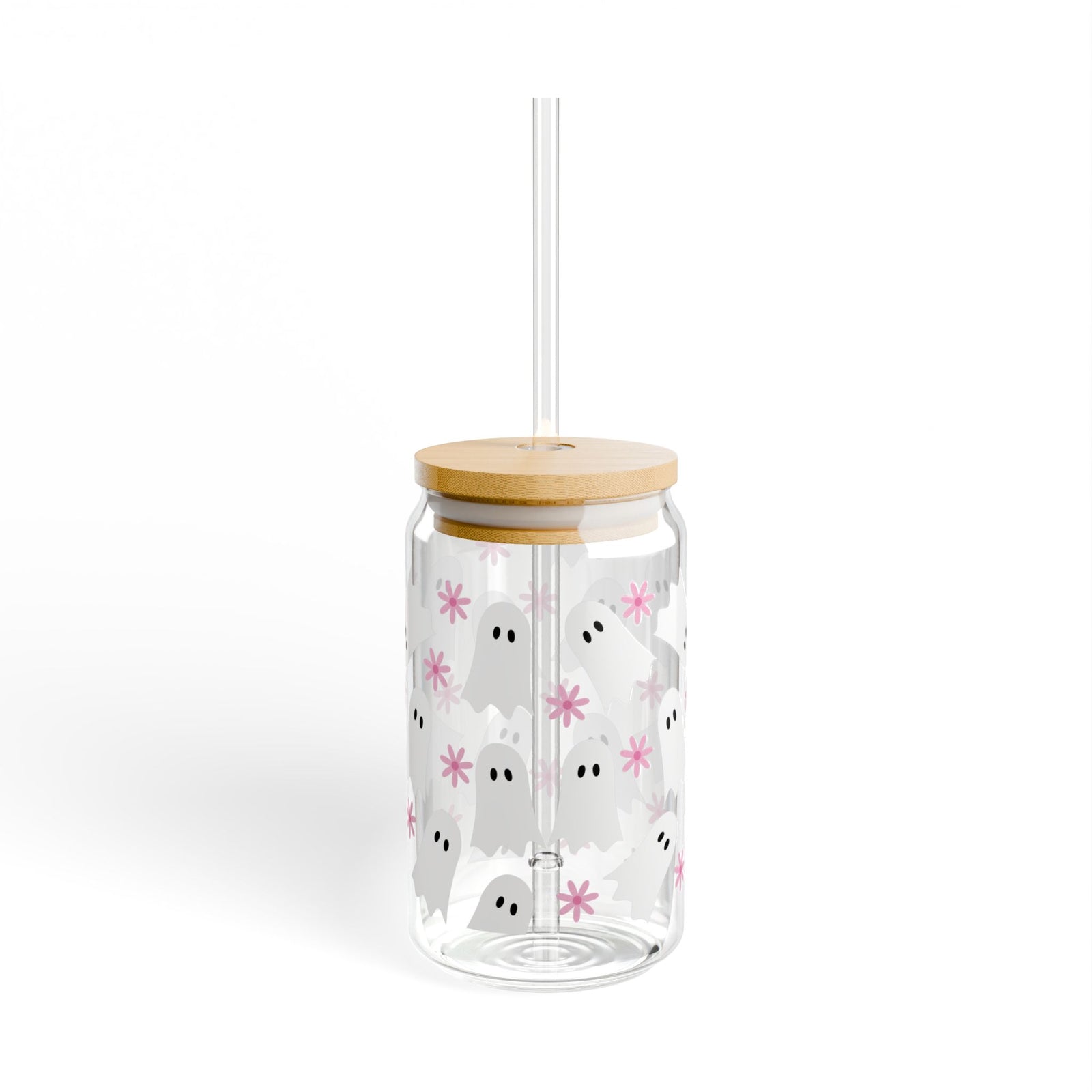 Boho Ghosts & Flowers Halloween Sipper Glass 16oz Reusable Drink Jar with Lid & Straw