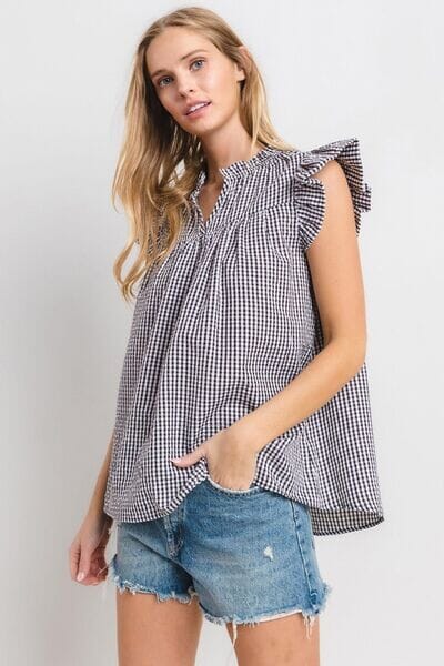 Ces Femme Plaid Notched Ruffled Cap Sleeve Blouse - Sydney So Sweet
