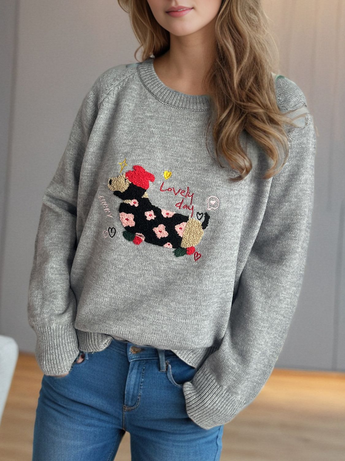 Puppy Round Neck Raglan Sleeve Sweater - Sydney So Sweet