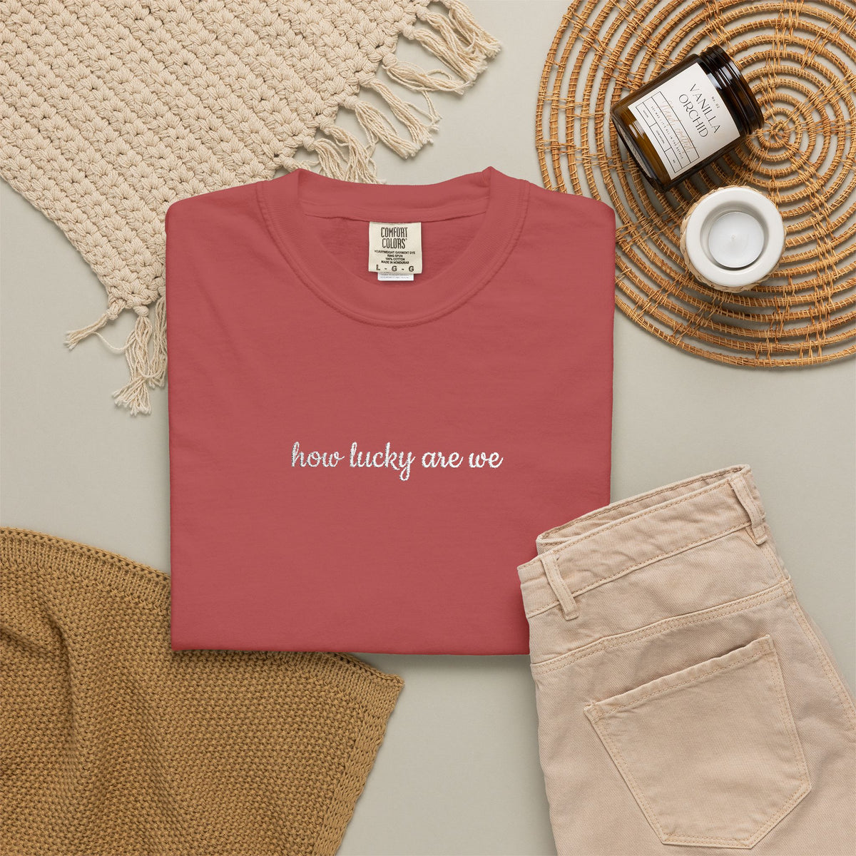 How Lucky are We Embroidered Script Tee Positivity T-Shirt