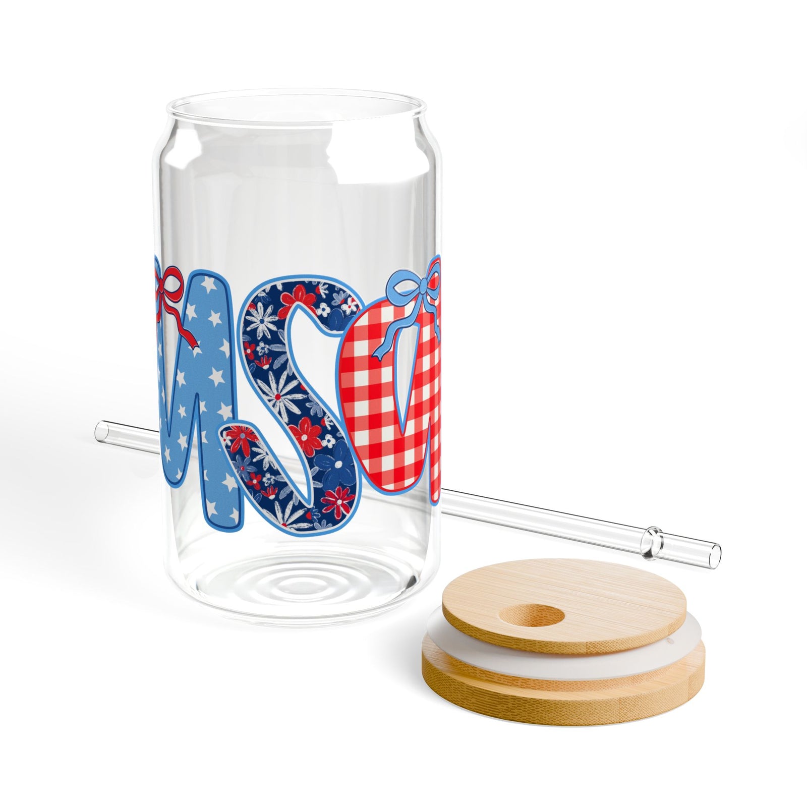 Patriotic USA Sipper Glass 16oz Reusable Drink Jar with Lid & Straw