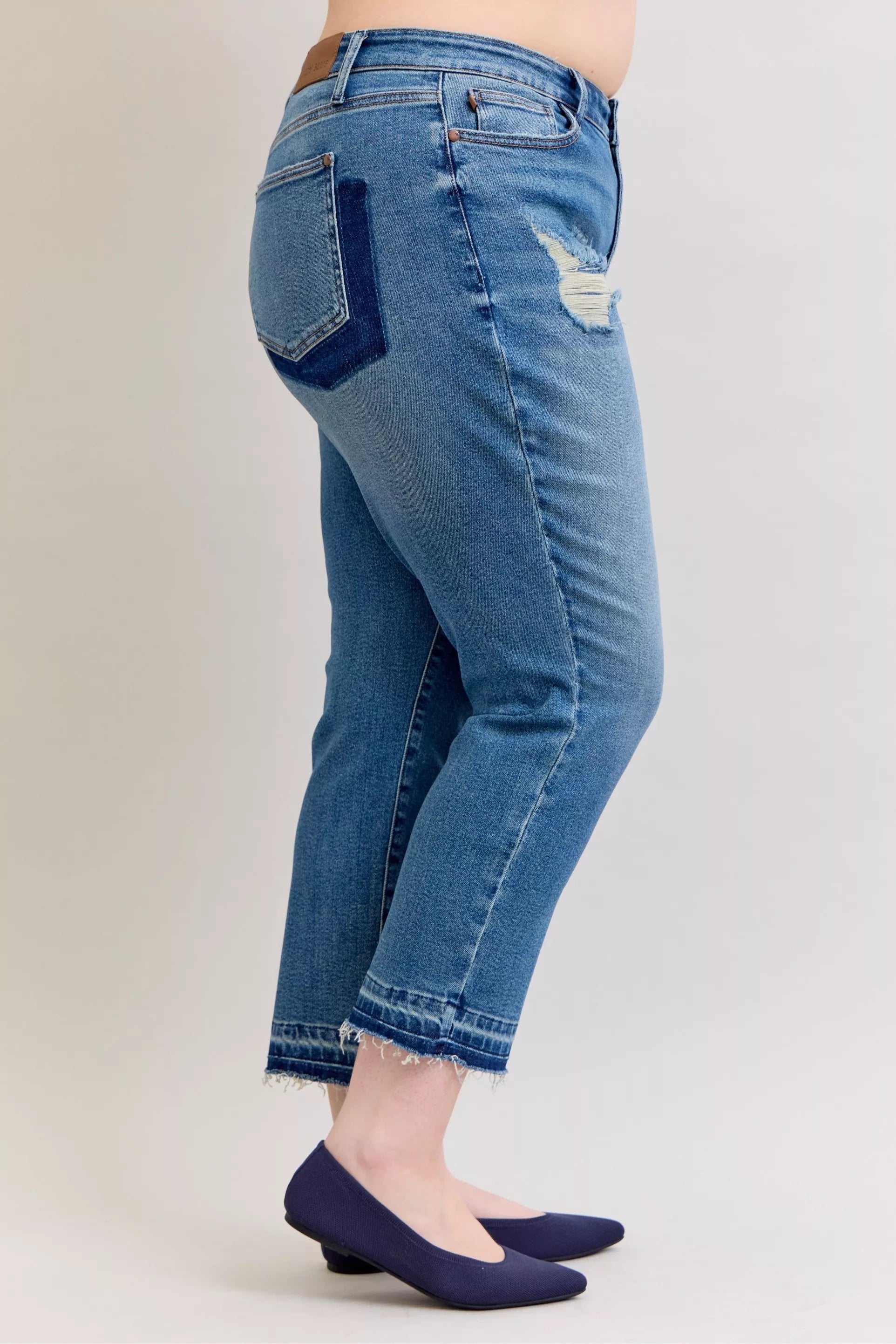 Judy Blue Full Size Mid Rise Bf Patch & Repair Destroy Release Hem Jeans Plus Size - Sydney So Sweet