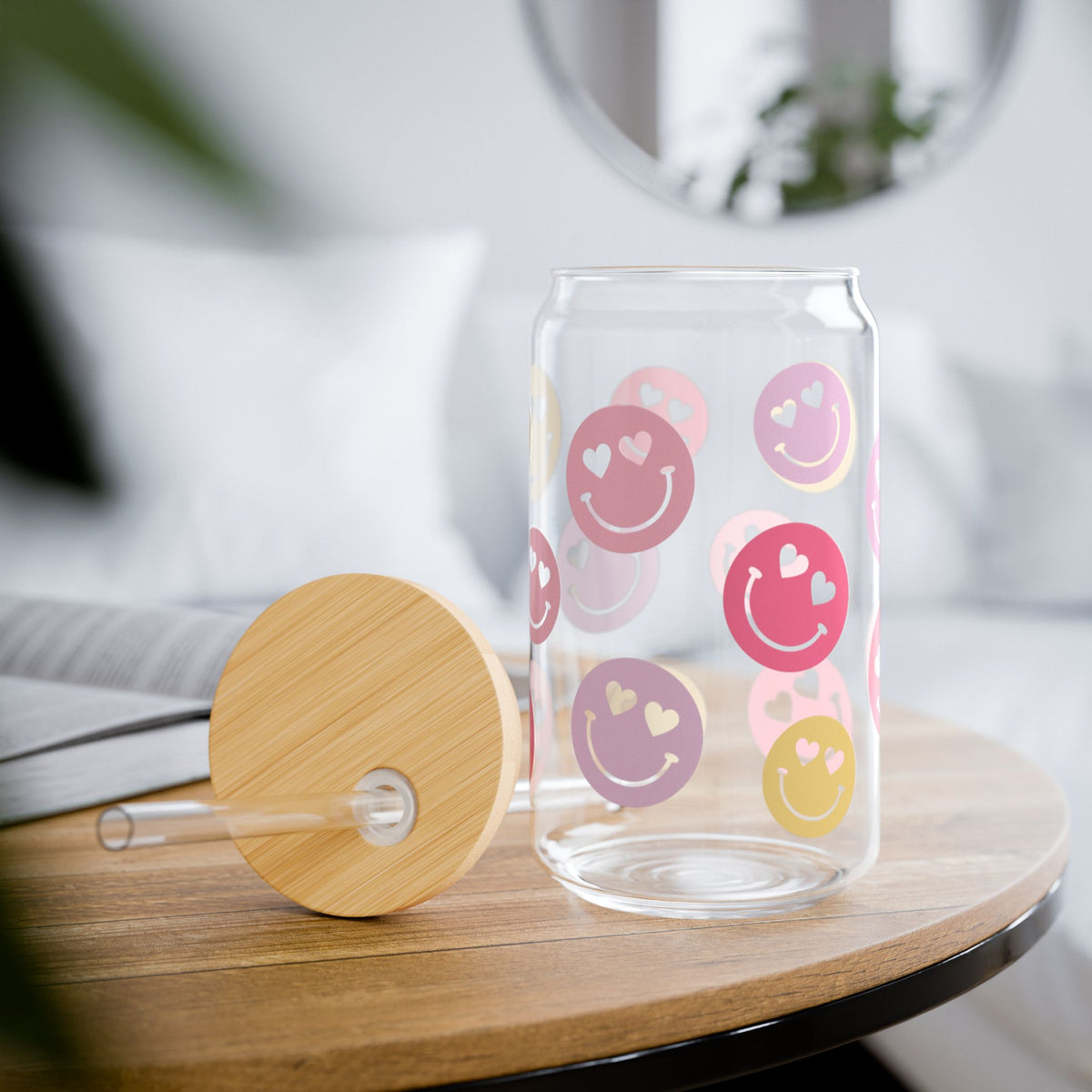 Heart Eyes Smiley Face Tumbler Sipper Glass 16oz — Reusable Drink Jar with Lid & Straw