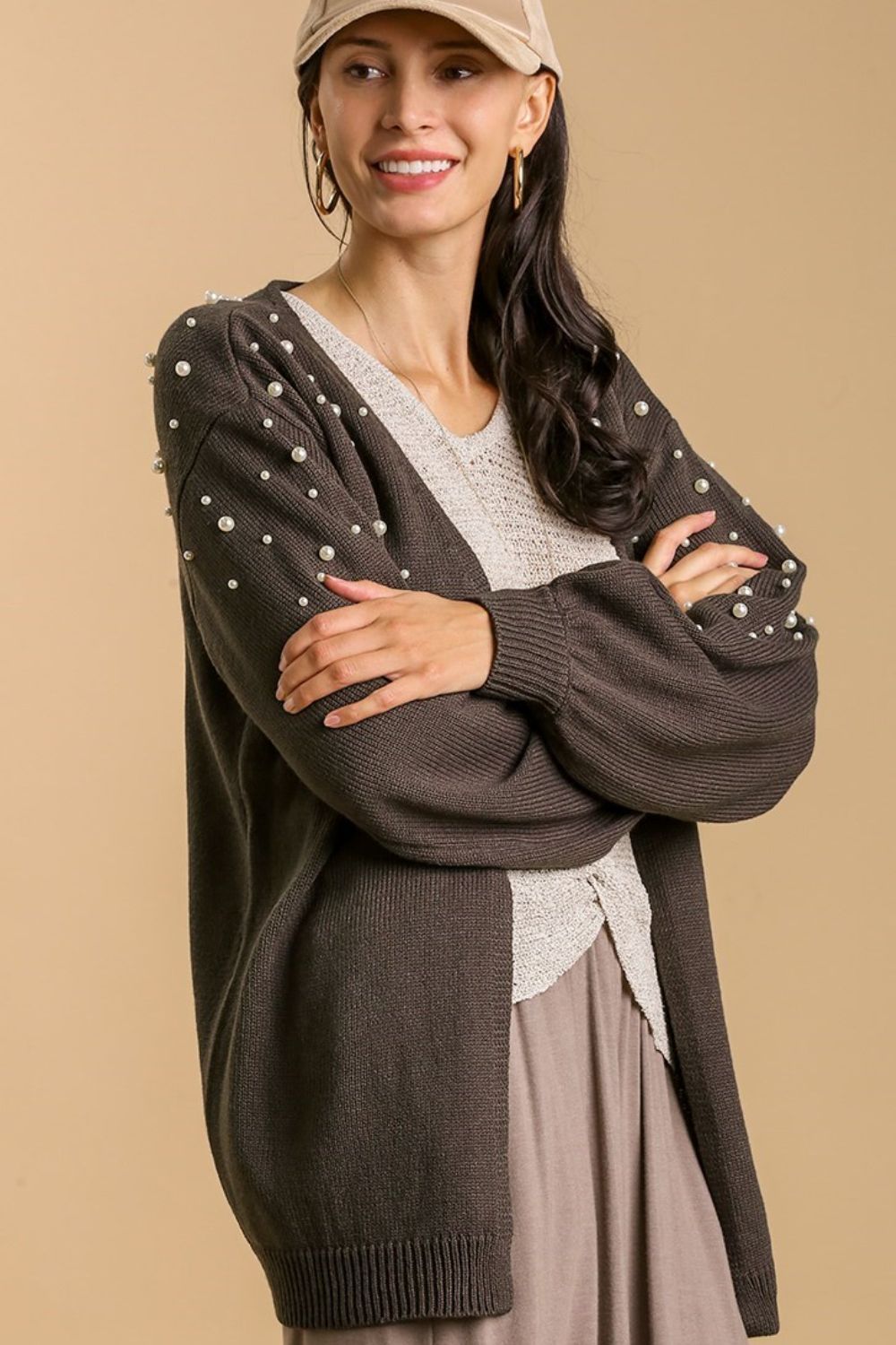 Umgee Full Size Open Front Cardigan with Long Sleeve Pearl Details Plus Size - Sydney So Sweet