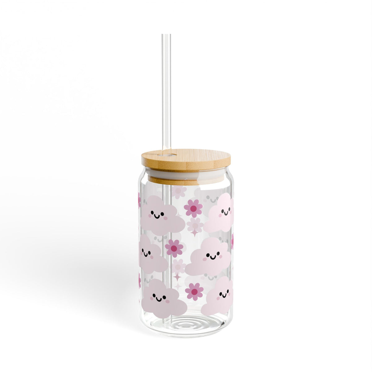 Happy Cloud Pink Tumbler Sipper Glass 16oz — Reusable Drink Jar with Lid & Straw