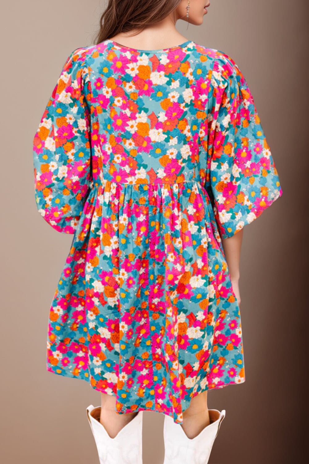 Floral Tie Neck Puff Sleeve Mini Dress - Sydney So Sweet